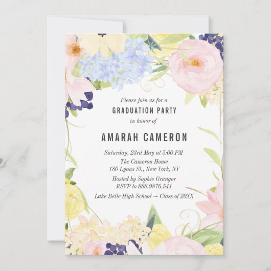 Pastel Spring Waterverf Flowers Graduparty Kaart (Voorkant)