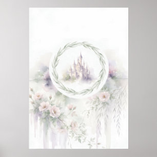 Pastel Sprookjeskasteel Wilgen Bloemenkrans Kunst Poster