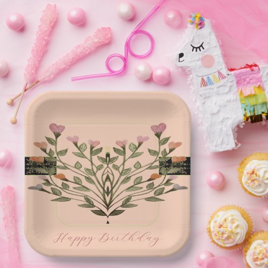 Pastel Square Designer Bloemen Papieren Bordje (Feest)
