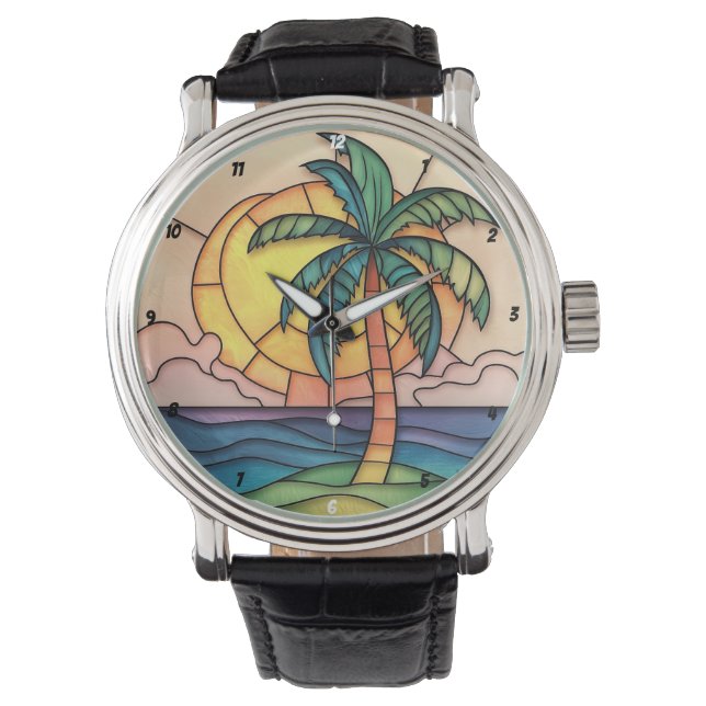 Pastel Stained Glass Tropical Sunset Horloge (Voorkant)