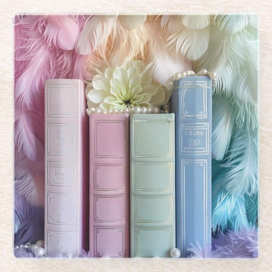 PASTEL STAPEL BOEKEN BLOEMEN VEREN GLAZEN ONDERZETTER (Voorkant)