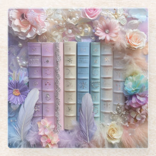 PASTEL STAPEL BOEKEN BLOEMEN VEREN GLAZEN ONDERZETTER