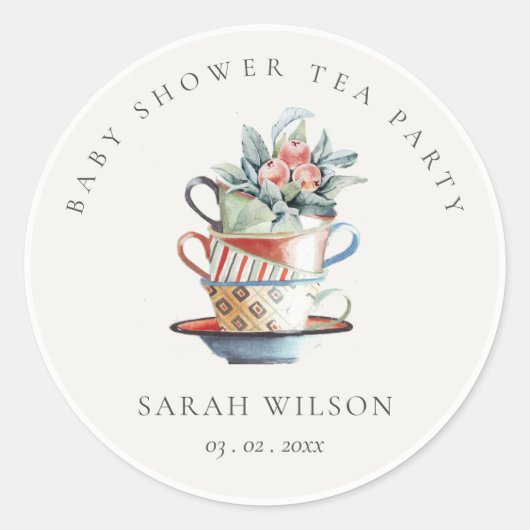 Pastel Stapelde bekertjes Floral Baby shower Tea P Ronde Sticker (Voorkant)