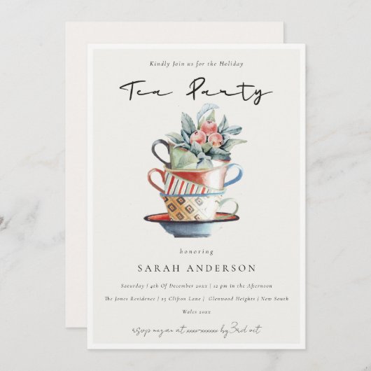 Pastel Stapelde Cups Holiday Tea Party nodigt uit Bedankkaart (Voorkant / Achterkant)
