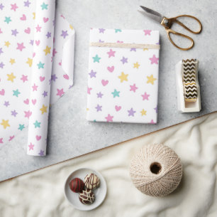 Pastel Stars and Hearts – Schattigee zachte kleur Cadeaupapier
