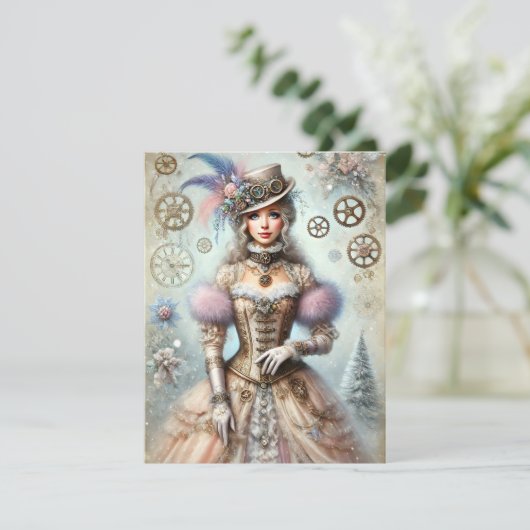 Pastel Steampunk Christmas Kaart Antiek Lady (Staand voorkant)