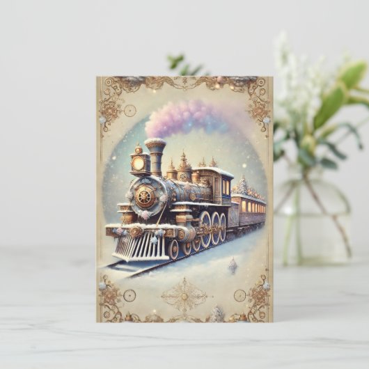 Pastel Steampunk Christmas Kaart Antiek Train (Staand voorkant)