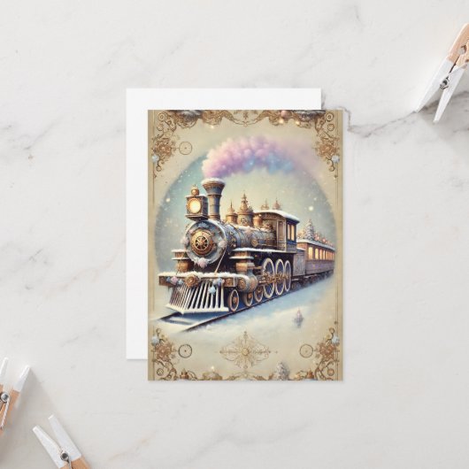Pastel Steampunk Christmas Kaart Antiek Train (Voorkant / Achterkant in situ)