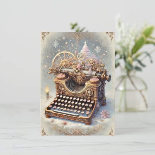 Pastel Steampunk Christmas Kaart Antiek typemachin (Staand voorkant)