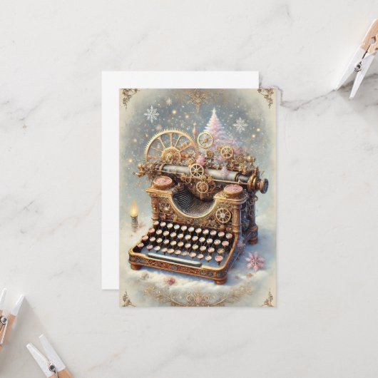 Pastel Steampunk Christmas Kaart Antiek typemachin (Voorkant / Achterkant in situ)
