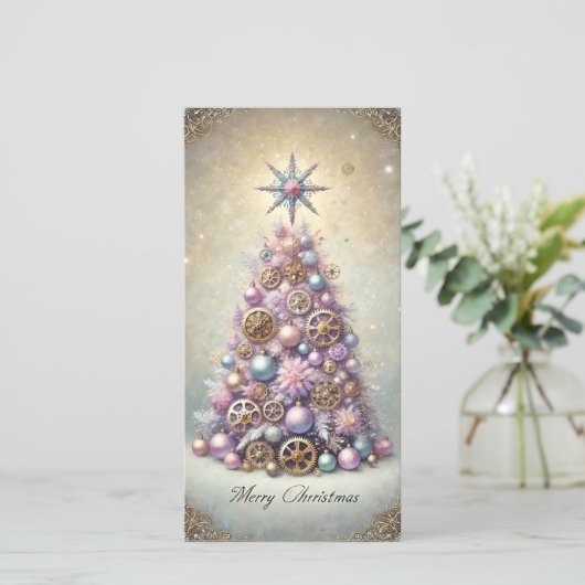 Pastel Steampunk Christmas Kaart Paarse Tree (Staand voorkant)
