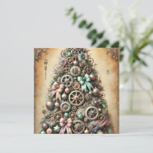 Pastel Steampunk Christmas Tree Wenskaart Feestdagenkaart (Staand voorkant)