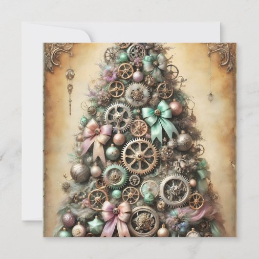Pastel Steampunk Christmas Tree Wenskaart Feestdagenkaart (Voorkant)