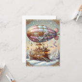 Pastel Steampunk Kerst Kaart Antiek Blimp (Voorkant / Achterkant in situ)