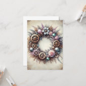 Pastel Steampunk Kerst Kaart Antiek Krans (Voorkant / Achterkant in situ)