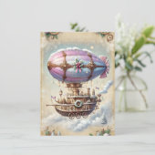 Pastel Steampunk Kerst Kaart Antiek Luchtschip (Staand voorkant)