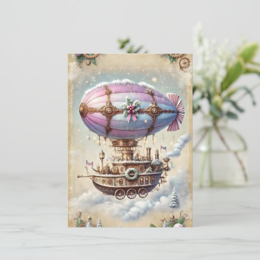 Pastel Steampunk Kerst Kaart Antiek Luchtschip (Staand voorkant)