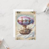 Pastel Steampunk Kerst Kaart Antiek Luchtschip (Voorkant / Achterkant in situ)