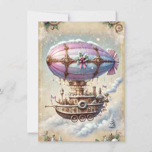 Pastel Steampunk Kerst Kaart Antiek Luchtschip (Voorkant)