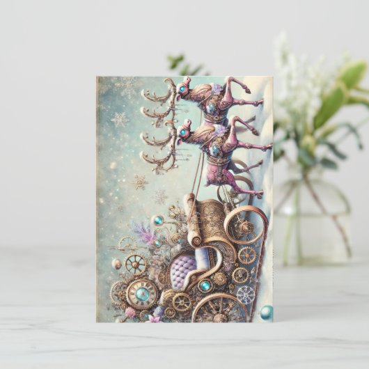 Pastel Steampunk Kerst Kaart Antiek Rendier (Staand voorkant)