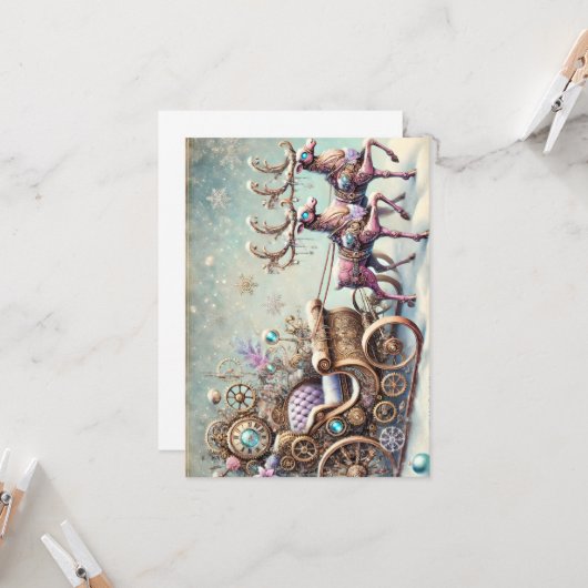 Pastel Steampunk Kerst Kaart Antiek Rendier (Voorkant / Achterkant in situ)