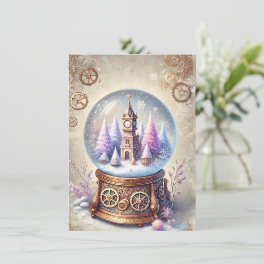Pastel Steampunk Kerst Kaart Antiek Sneeuw Wereldb (Staand voorkant)