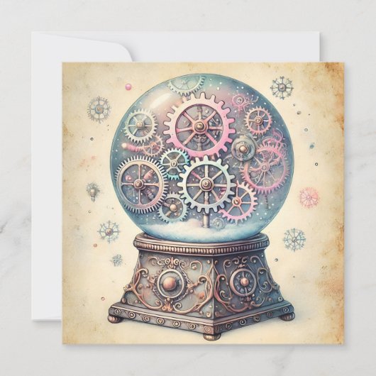 Pastel Steampunk Kerst Sneeuw Wereldbol Groeten Feestdagenkaart (Voorkant)