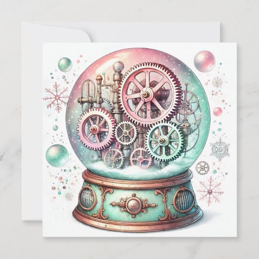 Pastel Steampunk Kerst Sneeuw Wereldbol Kaart (Voorkant)