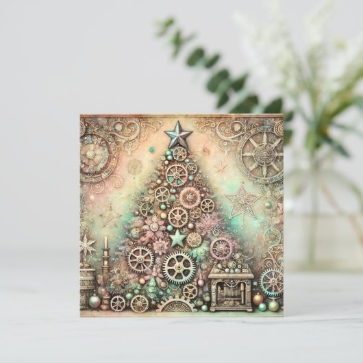  Pastel Steampunk Kerstboom Kaart (Staand voorkant)
