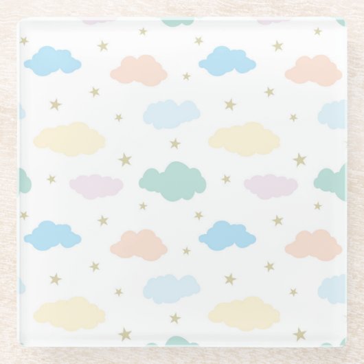 Pastel Sterren & Wolken Glazen Onderzetter (Voorkant)