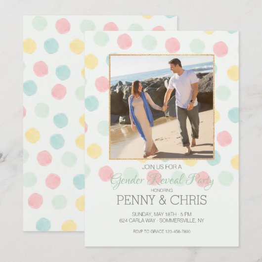 Pastel stippen kader geslacht onthulling feestje kaart (Voorkant / Achterkant)
