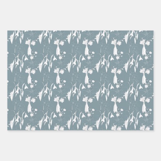 Pastel Stofblauwe Vaas met Bloemen en Bloesems  Inpakpapier Vel (Voorkant 2)