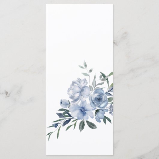 Pastel Stoffig Blauw Rozen Bloemenbruiloft Menu (Achterkant)