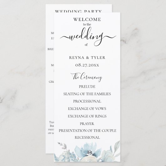 Pastel Stoffig Blauw Waterverf Bloemen Bruiloft Programmakaart (Voorkant / Achterkant)