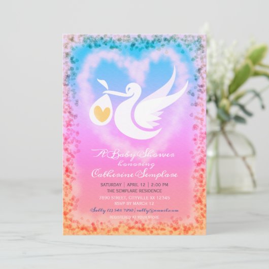Pastel Stork Baby shower Invitation Aankondiging (Staand voorkant)