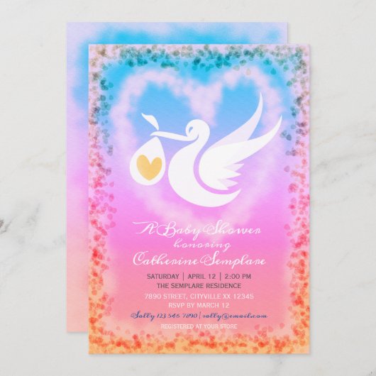 Pastel Stork Baby shower Invitation Aankondiging (Voorkant / Achterkant)