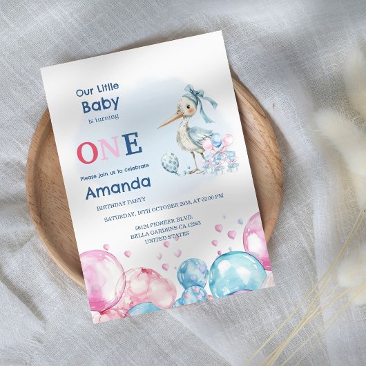 Pastel Stork & Balloons 1e verjaardag Kaart