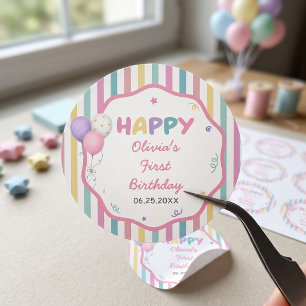 Pastel Strepen Leuk Meisje Verjaardag Ronde Sticker