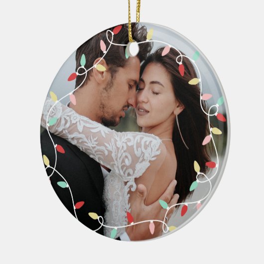 Pastel String Lights 1e Kerstmis als Mr & Mrs Keramisch Ornament (Links)