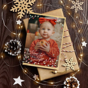 Pastel String Lights Merry Bright Christmas Foto Feestdagenkaart