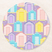 Pastel Striped Beach Hut Pattered Coastal Ronde Kartonnen Onderzetter (Voorkant)