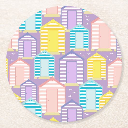 Pastel Striped Beach Hut Pattered Coastal Ronde Kartonnen Onderzetter (Voorkant)