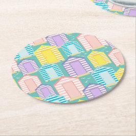 Pastel Striped Beach Hut Pattered Coastal Ronde Kartonnen Onderzetter