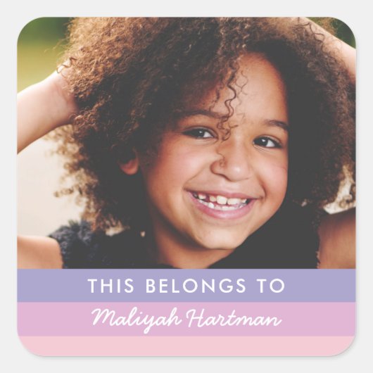 Pastel Stripes Cute Script Name Kinder School Paar Vierkante Sticker (Voorkant)