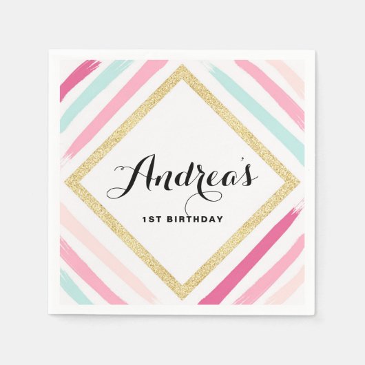 Pastel Stripes & Gold Glitter Kids Verjaardagsfees Servet (Voorkant)