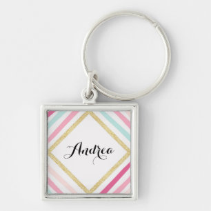 Pastel Stripes Gouden Glitter Gepersonaliseerde Sl Sleutelhanger