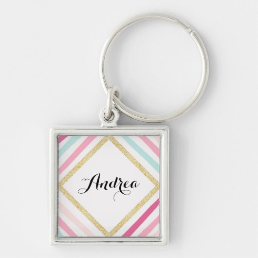 Pastel Stripes Gouden Glitter Gepersonaliseerde Sl Sleutelhanger (Voorkant)