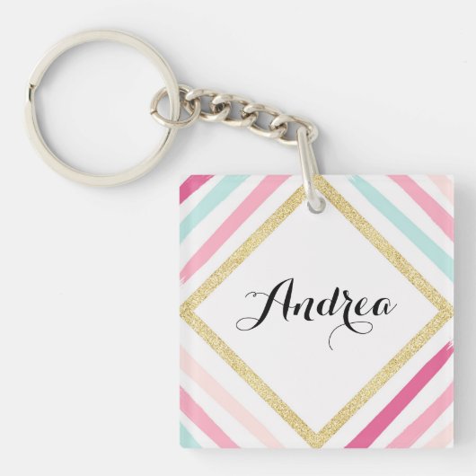Pastel Stripes Gouden Glitter Gepersonaliseerde Sl Sleutelhanger (Voorkant)