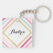 Pastel Stripes Gouden Glitter Gepersonaliseerde Sl Sleutelhanger (Achterkant)
