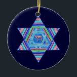 Pastel Stripes Hanukkah Star Ornament<br><div class="desc">een digitale collage in  pastelstrepen; Een ster van David met een Chai-symbool in het midden.  Lichte en donkerblauwe achtergronden aan beide zijden zijn aanpasbaar!</div>